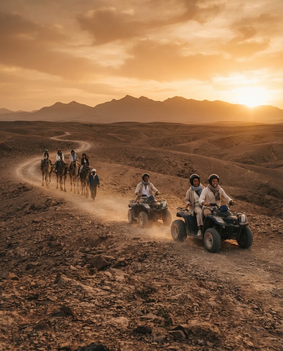 Quads et chameaux dans le désert d'Agafay au coucher du soleil