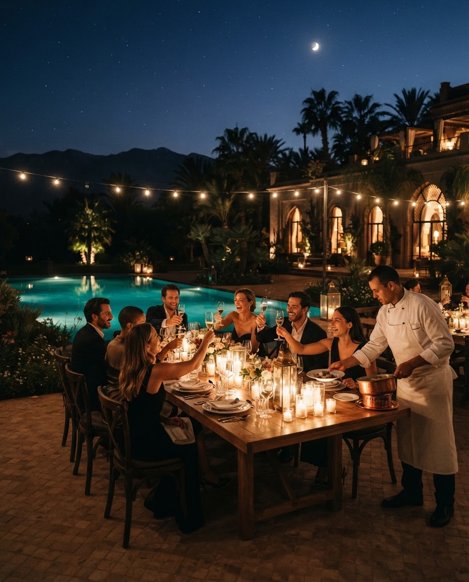 Dîner aux chandelles au bord de la piscine de la villa