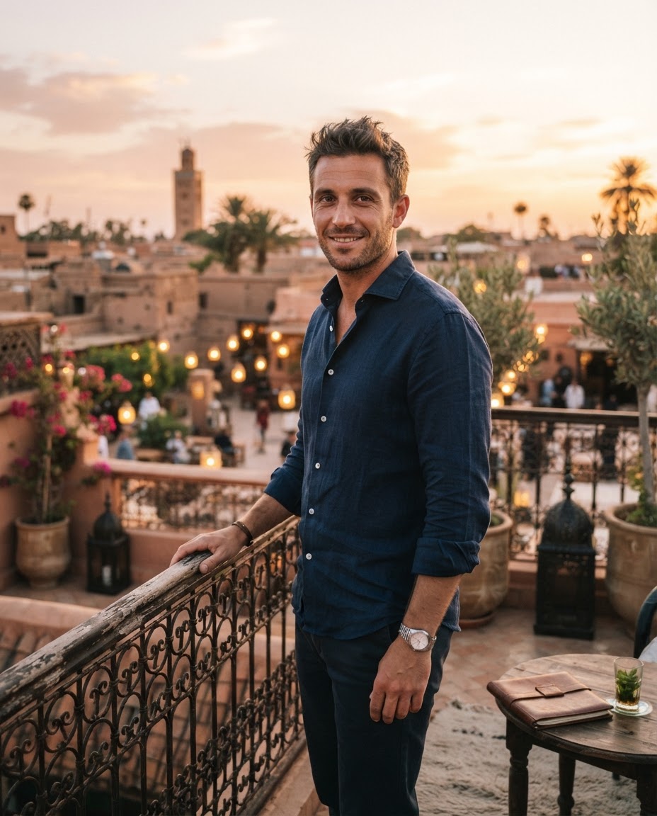 Thibault, fondateur de Synergy, sur un rooftop de Marrakech
